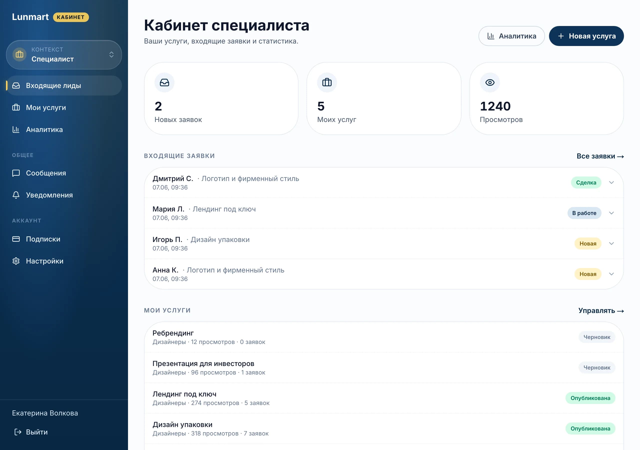 Личный кабинет специалиста Lunmart