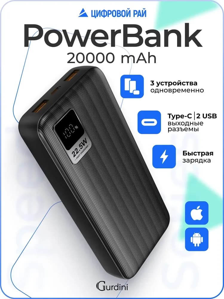 Повербанк 20000 mAh с быстрой зарядкой, внешний аккумулятор Powerbank Speed Series , павербанк с USB и Type-C , пауэрбанк