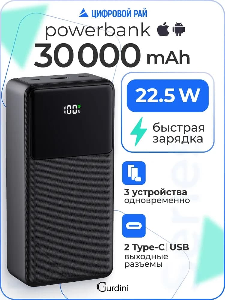 Повербанк 30000 mAh Gurdini LCD Series powebank, 22.5 Вт Черный
