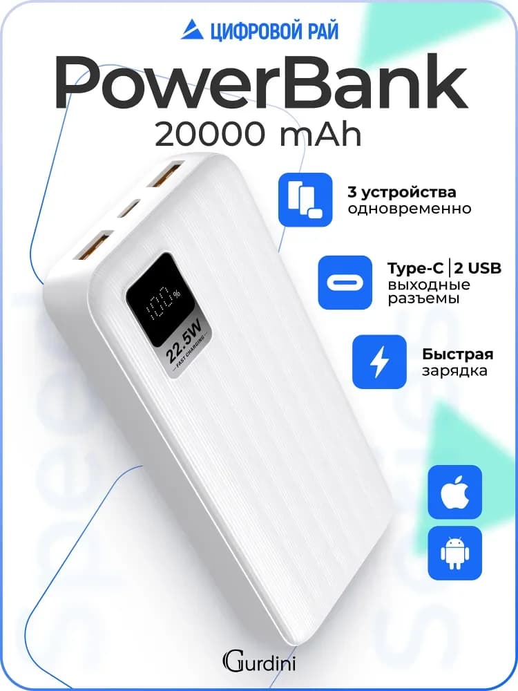 Повербанк 20000 mAh с быстрой зарядкой, внешний аккумулятор Powerbank Speed Series , павербанк с USB и Type-C , пауэрбанк