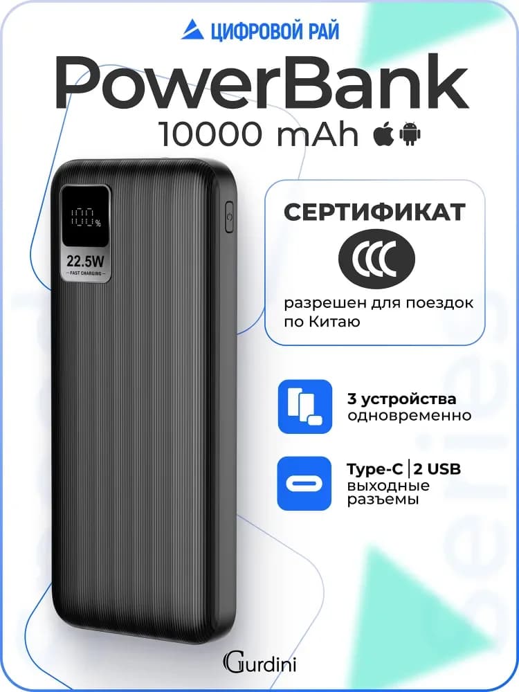 Повербанк 10000 mAh с быстрой зарядкой, ССС сертификацией. внешний аккумулятор Powerbank Speed Series , павербанк с USB и Type-C , пауэрбанк CCC