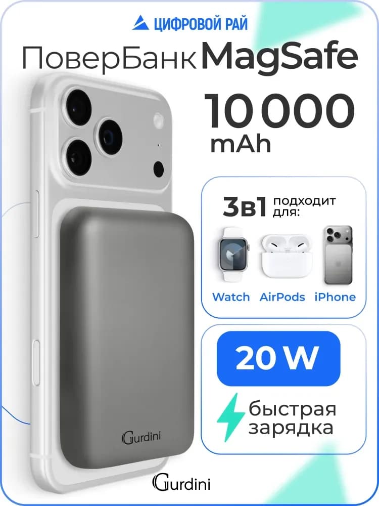 Повербанк беспроводной магнитный Gurdini Smooth Series MagSafe (магсейв) +зарядка для Apple Watch, 20W Серый